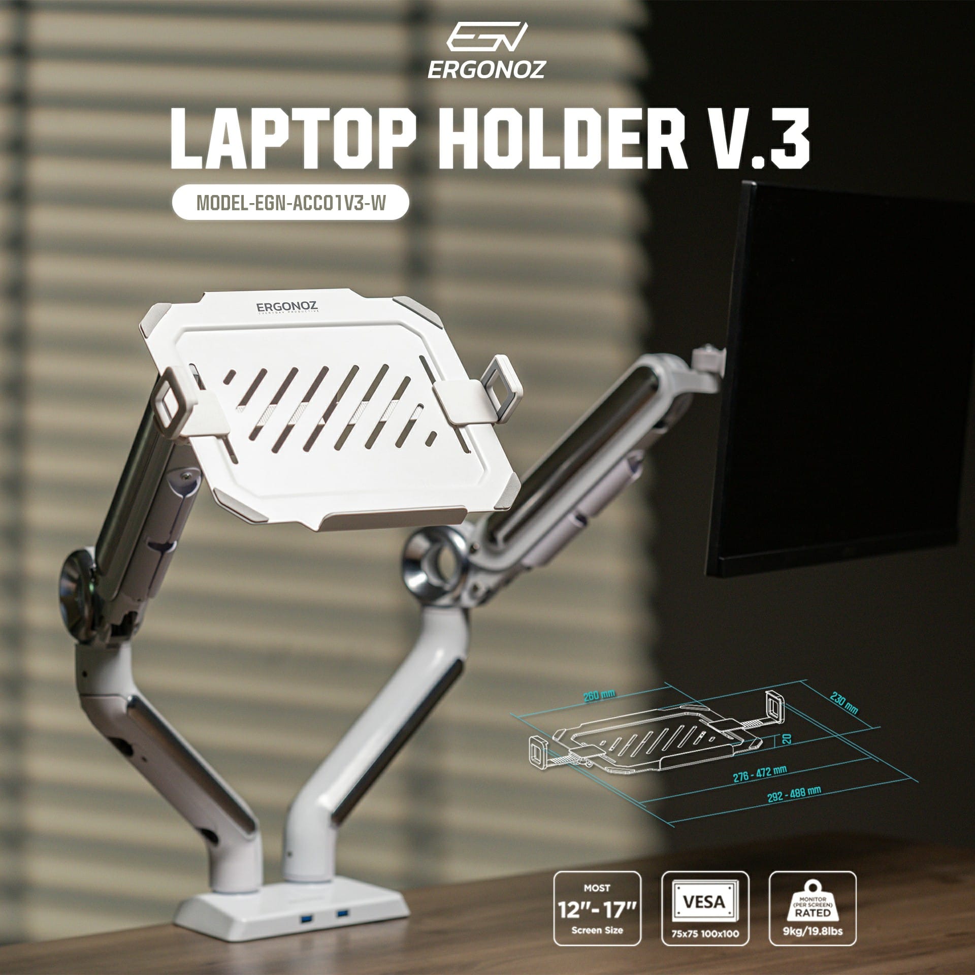 แท่นวางโน๊ตบุ๊ค ERGONOZ EGN-ACC01V3-W, สีขาว (LAPTOP HOLDER VER.3 (ต้องมีแขนจับจอก่อน))_2